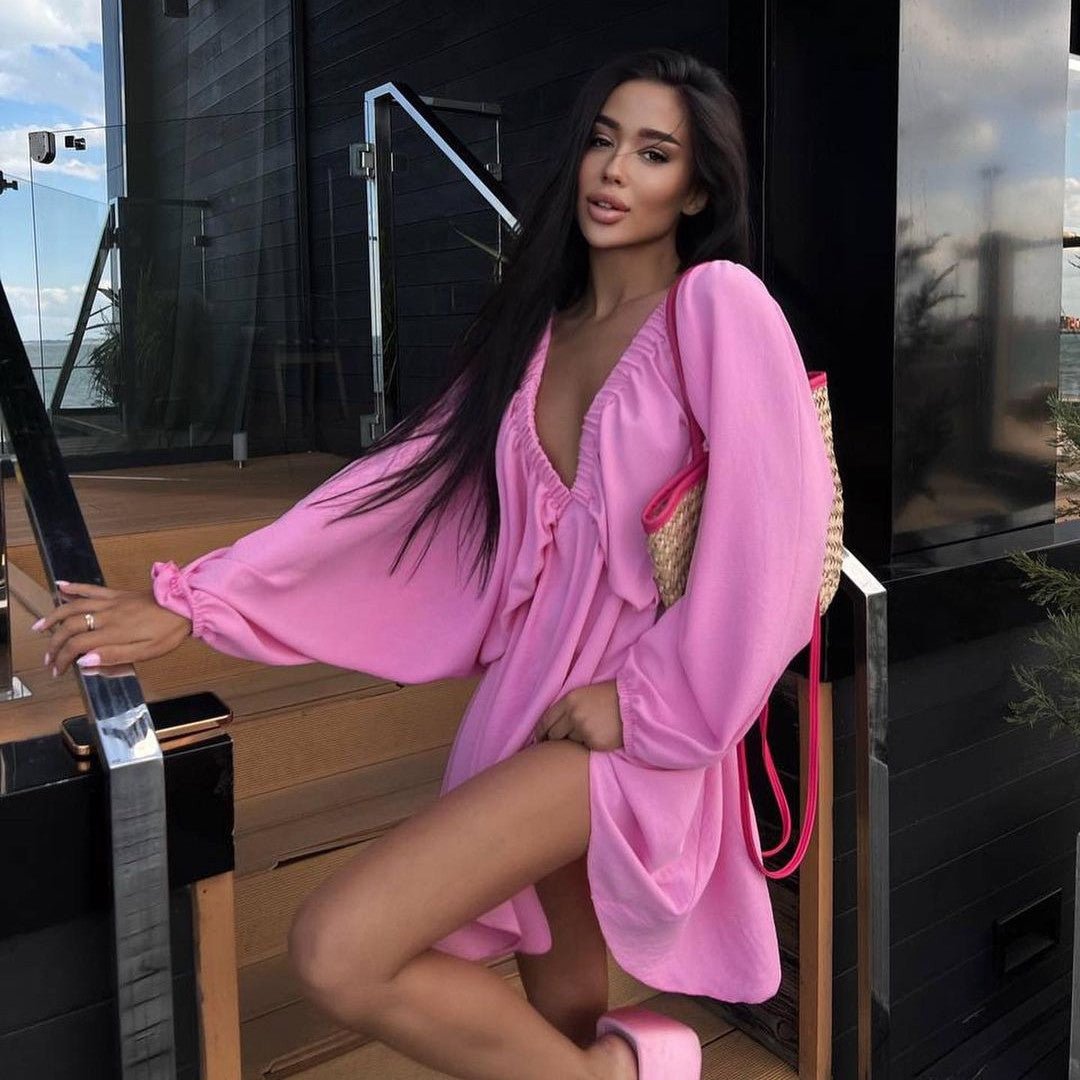 Vestido de Manga Lámpara con Escote en V para Mujeres