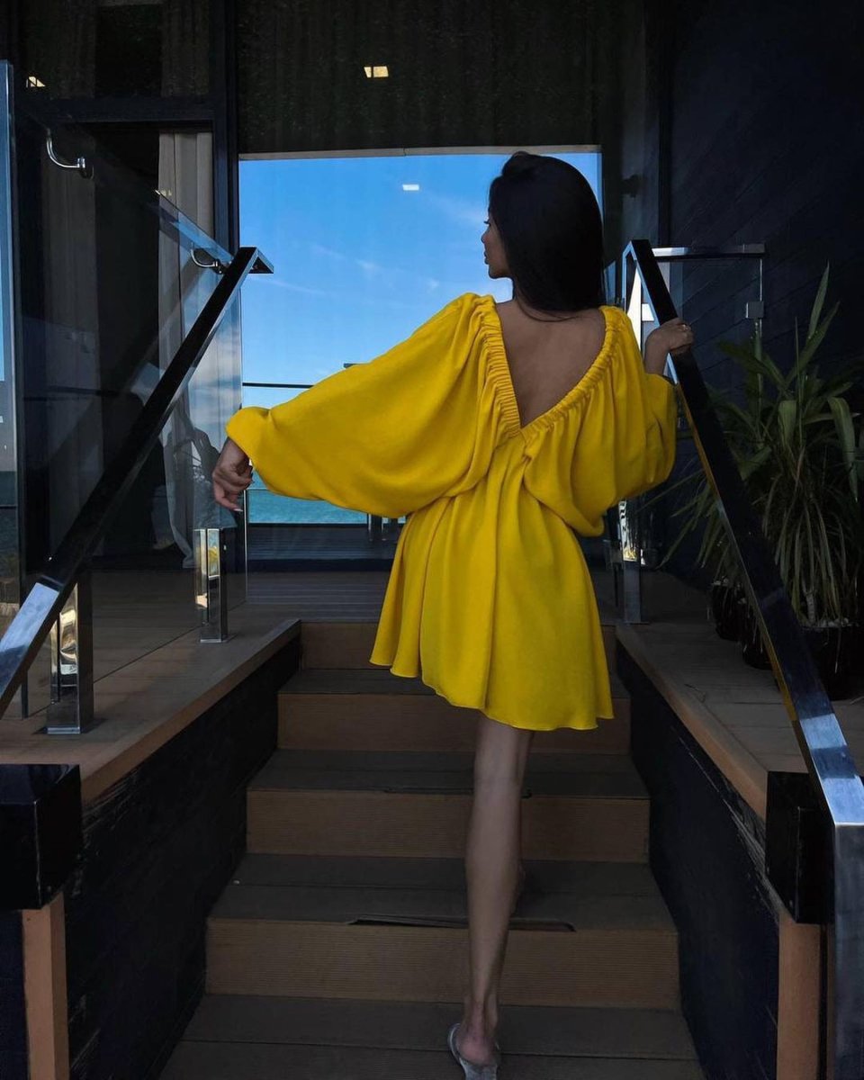Vestido de Manga Lámpara con Escote en V para Mujeres