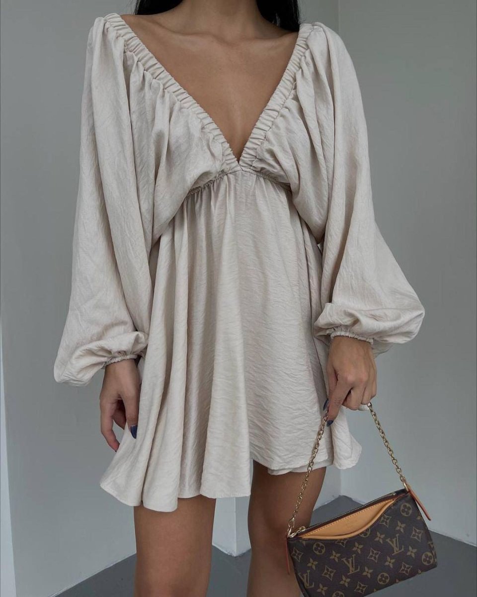 Vestido de Manga Lámpara con Escote en V para Mujeres