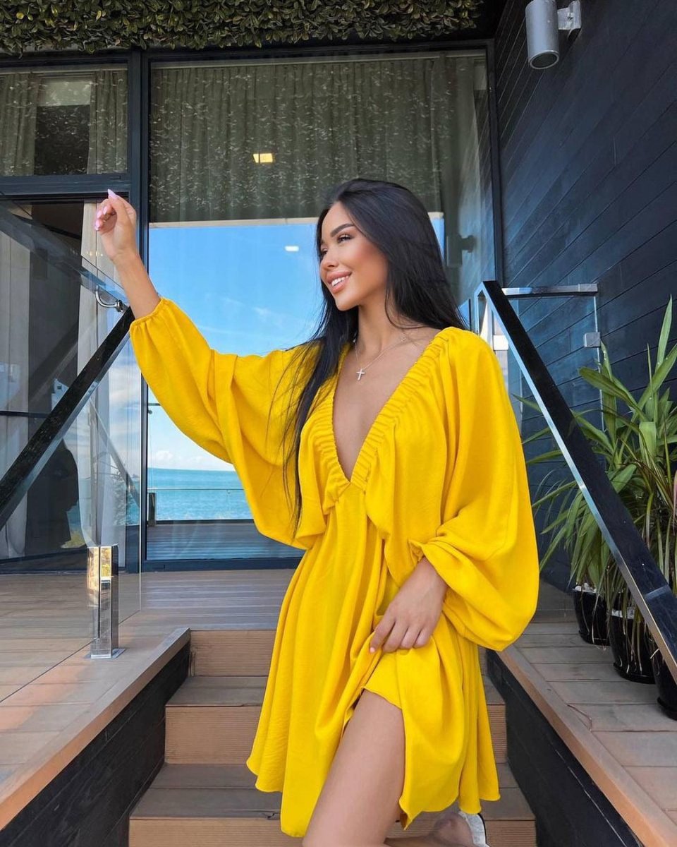 Vestido de Manga Lámpara con Escote en V para Mujeres