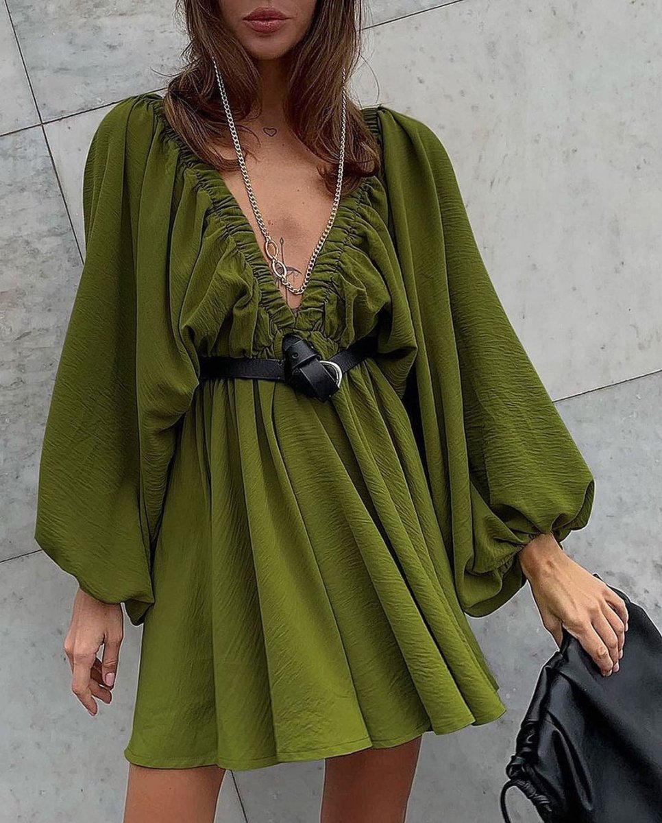 Vestido de Manga Lámpara con Escote en V para Mujeres