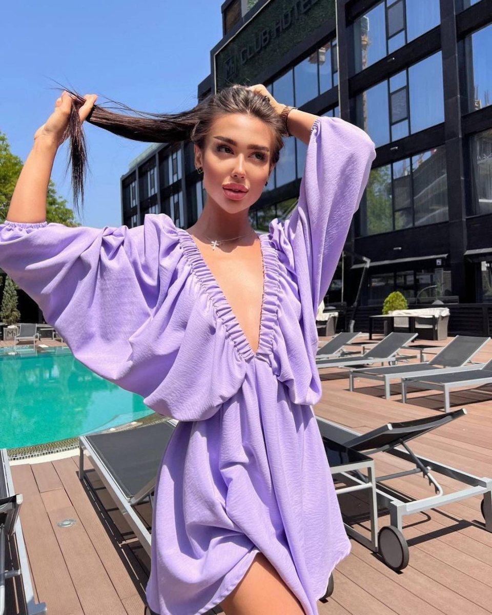 Vestido de Manga Lámpara con Escote en V para Mujeres