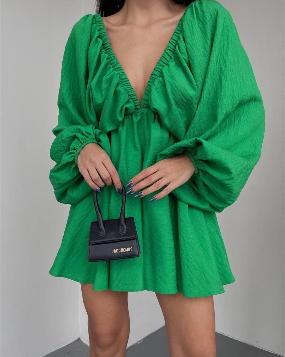 Vestido de Manga Lámpara con Escote en V para Mujeres