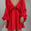Vestido de Manga Lámpara con Escote en V para Mujeres