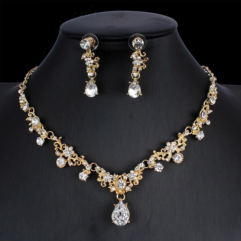 Conjunto de Joyería de Zirconio Dorado Elegante - Collar y Pendientes de Novia