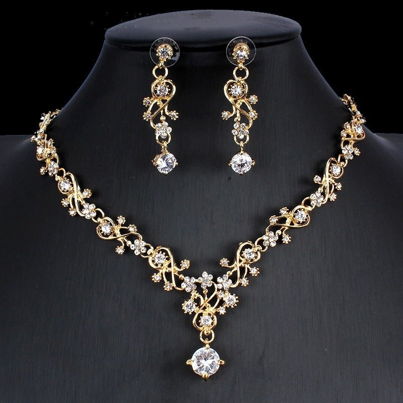 Conjunto de Joyería de Zirconio Dorado Elegante - Collar y Pendientes de Novia
