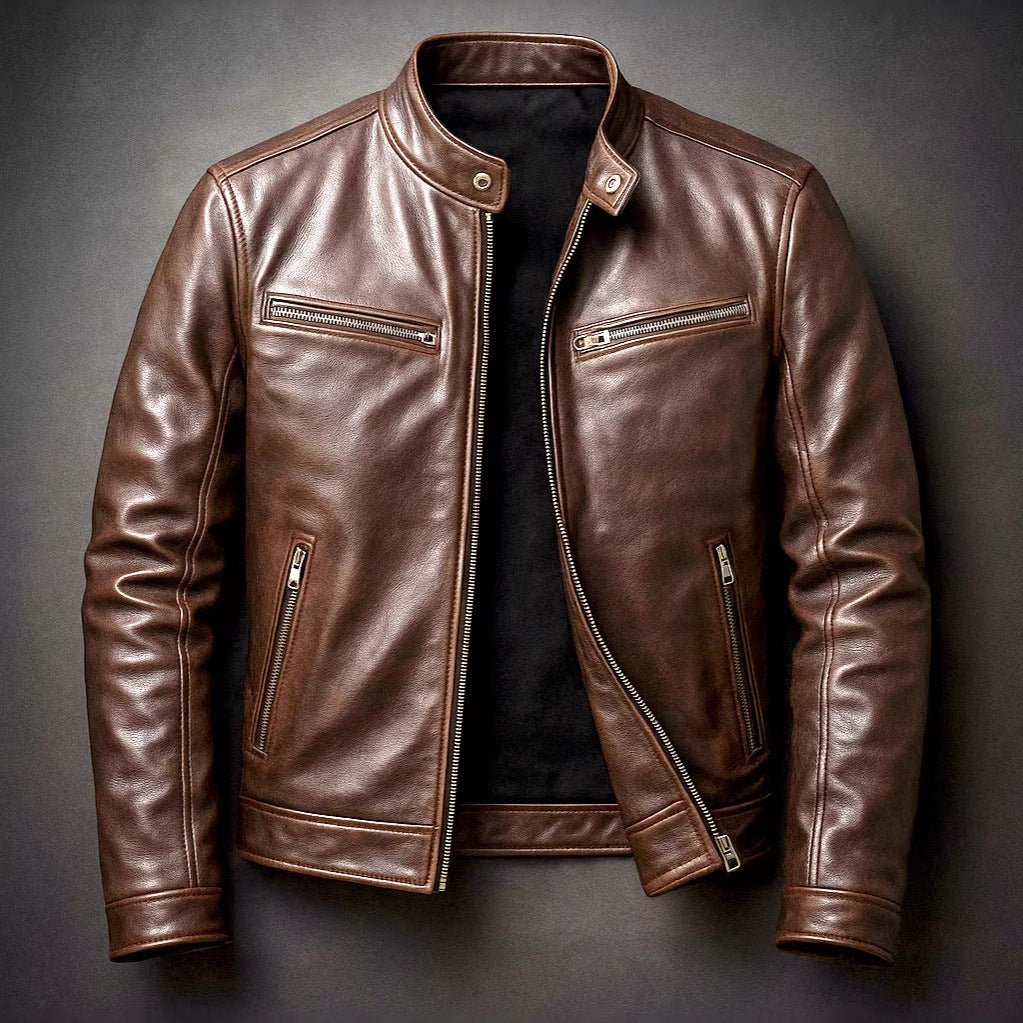 Men's PU Leather Motorcycle Jacket with Stand-Up Collar