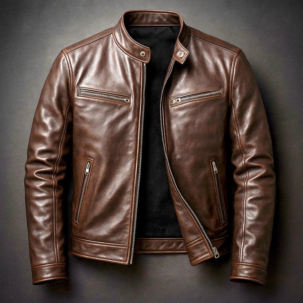 Men's PU Leather Motorcycle Jacket with Stand-Up Collar