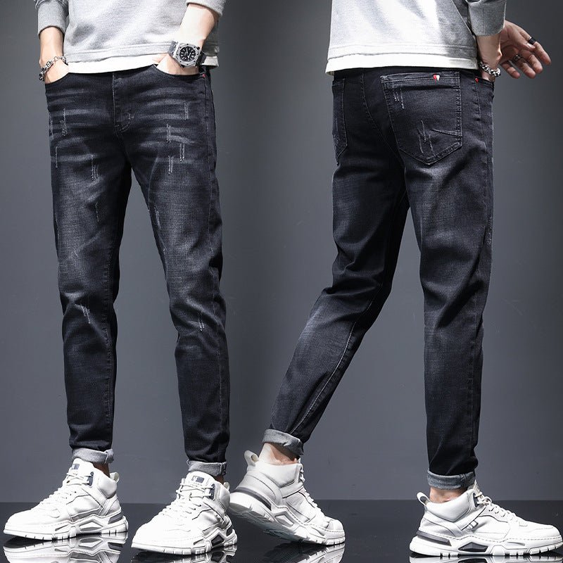 Men's Ripped Denim Jeans with Cat-Whisker Scratches