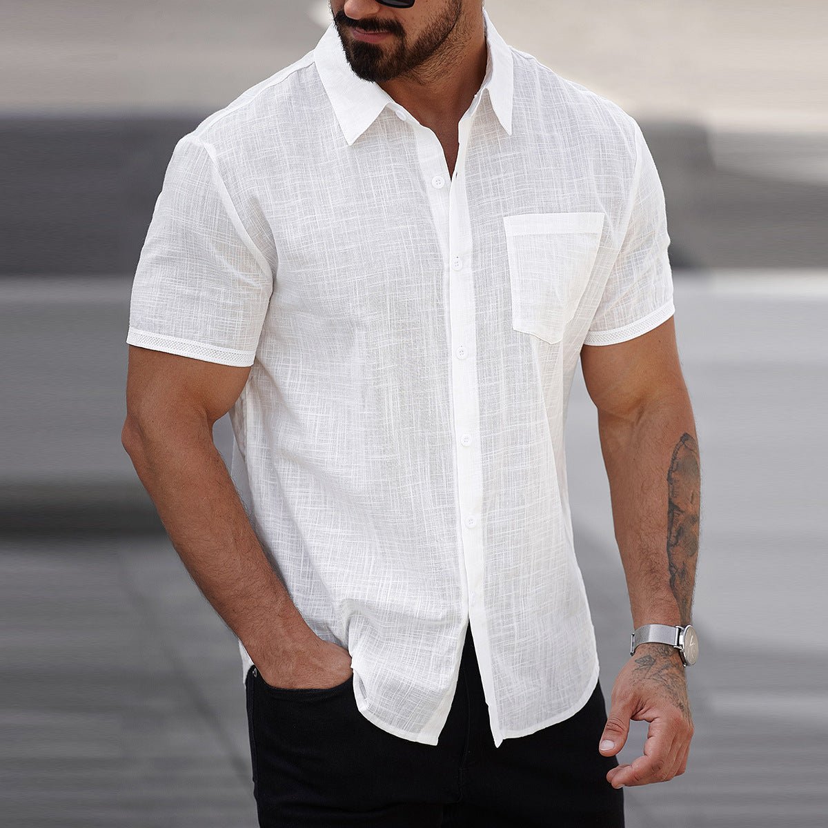 Camisa de algodón de manga corta para hombre con bolsillo
