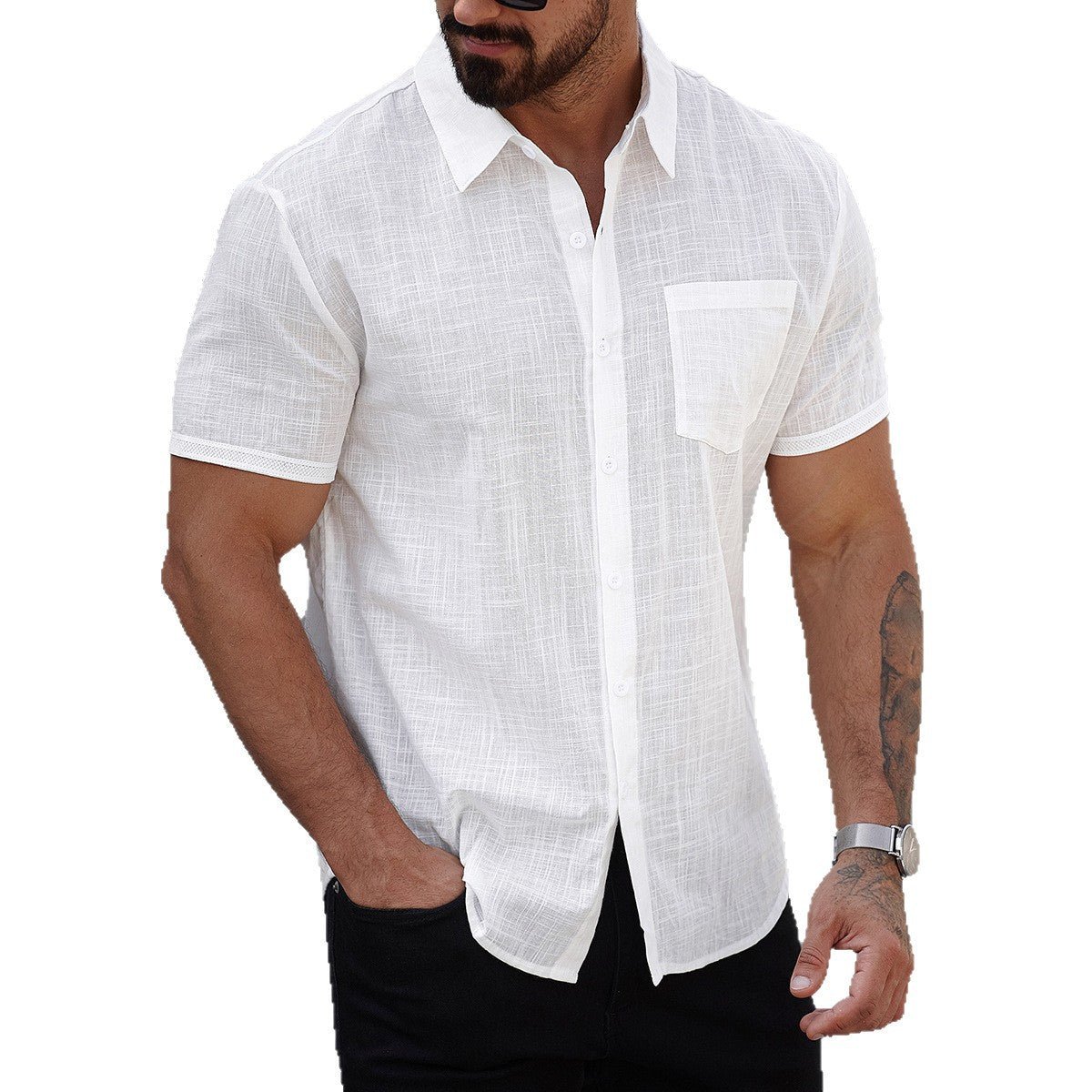 Camisa de algodón de manga corta para hombre con bolsillo