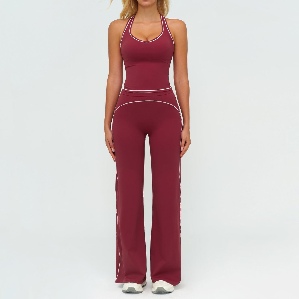 Conjunto de Yoga Sin Mangas con Escote en V para Mujeres y Pantalones Rectos Ajustados