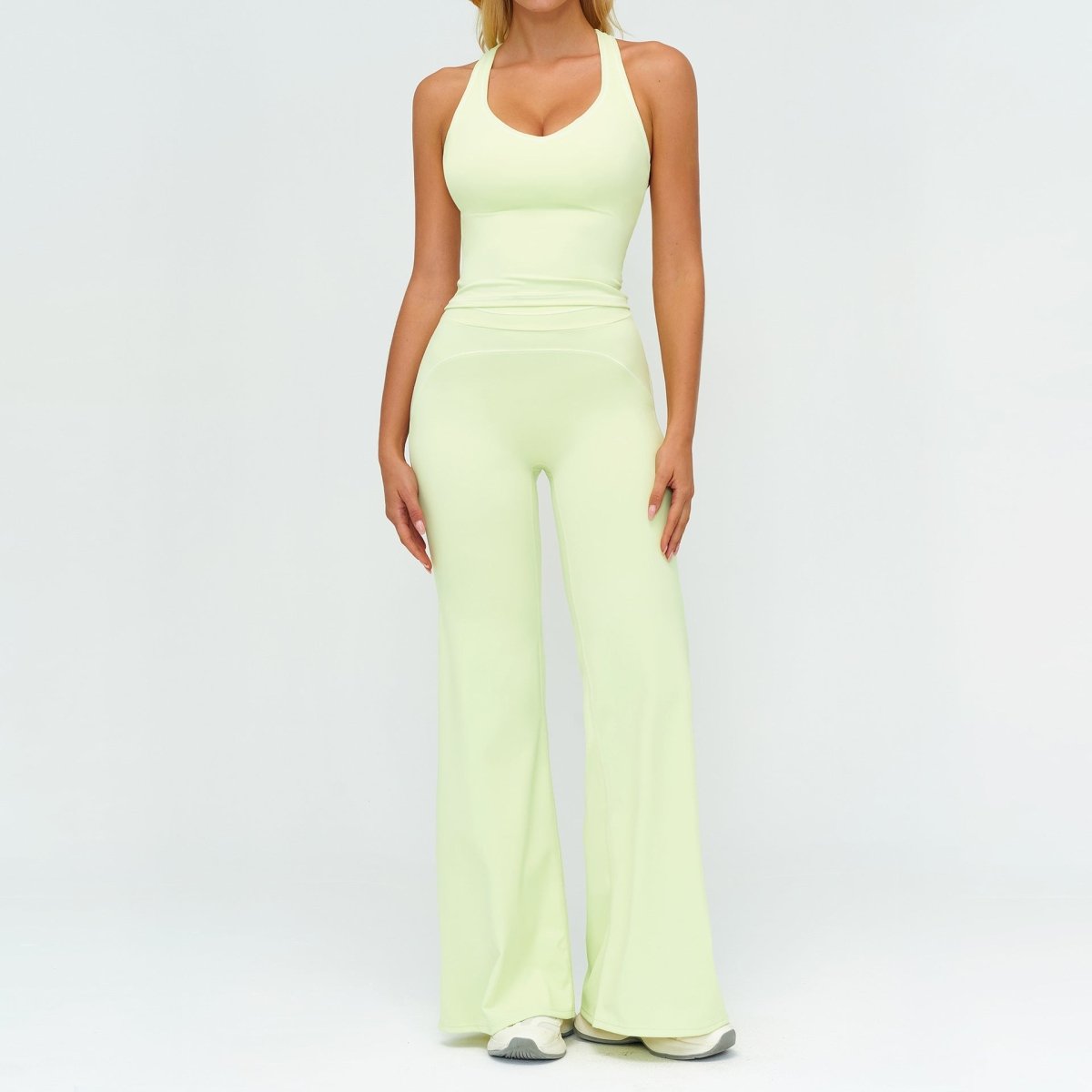 Conjunto de Yoga Sin Mangas con Escote en V para Mujeres y Pantalones Rectos Ajustados