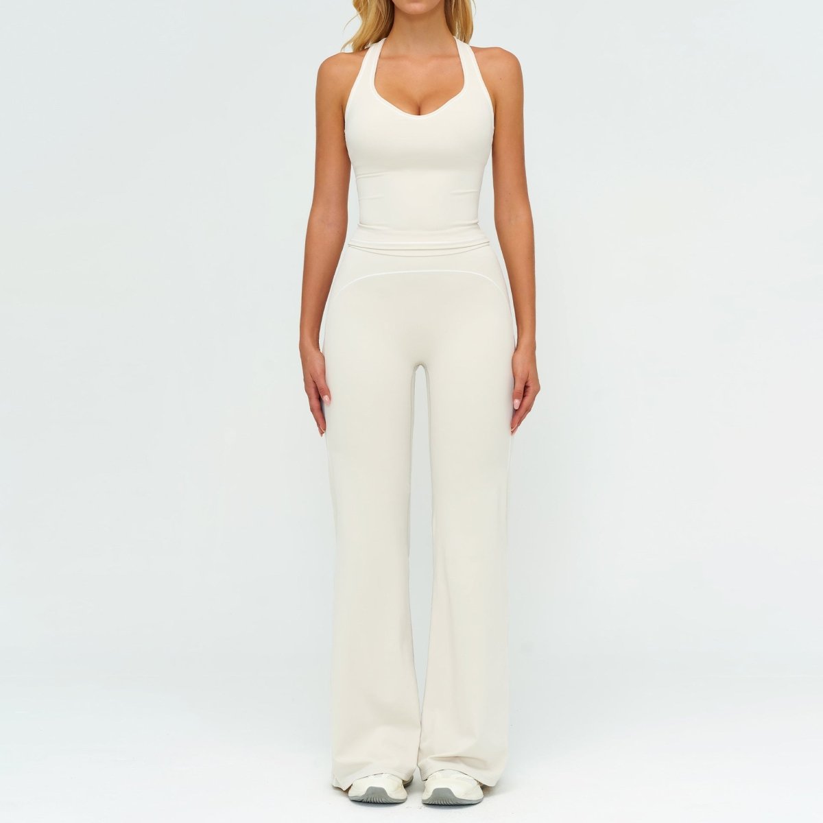 Conjunto de Yoga Sin Mangas con Escote en V para Mujeres y Pantalones Rectos Ajustados