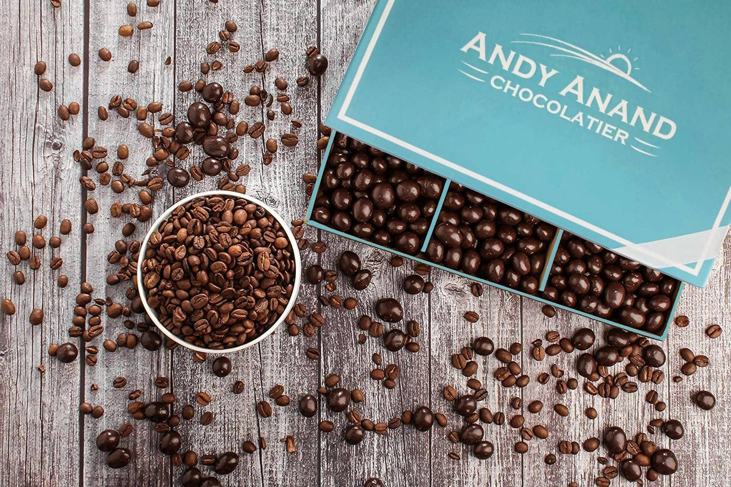 Granos de Café Espresso en Chocolate Oscuro Vegano Andy Anand - Caja de Regalo de 1 lb
