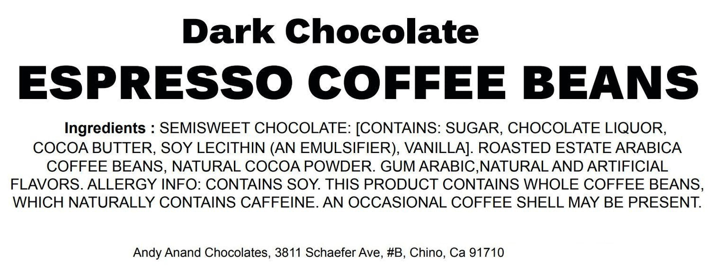 Granos de Café Espresso en Chocolate Oscuro Vegano Andy Anand - Caja de Regalo de 1 lb