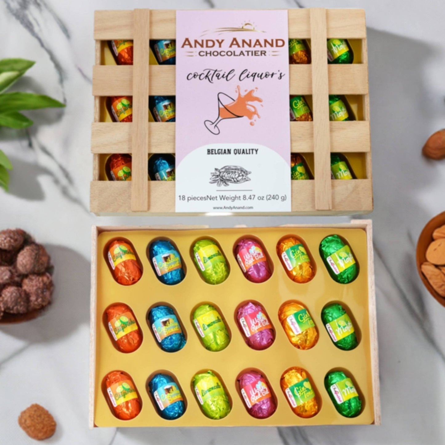 Chocolat Végétalien Non Alcoolisé Andy Anand – 18 Pièces, 6 Saveurs Uniques