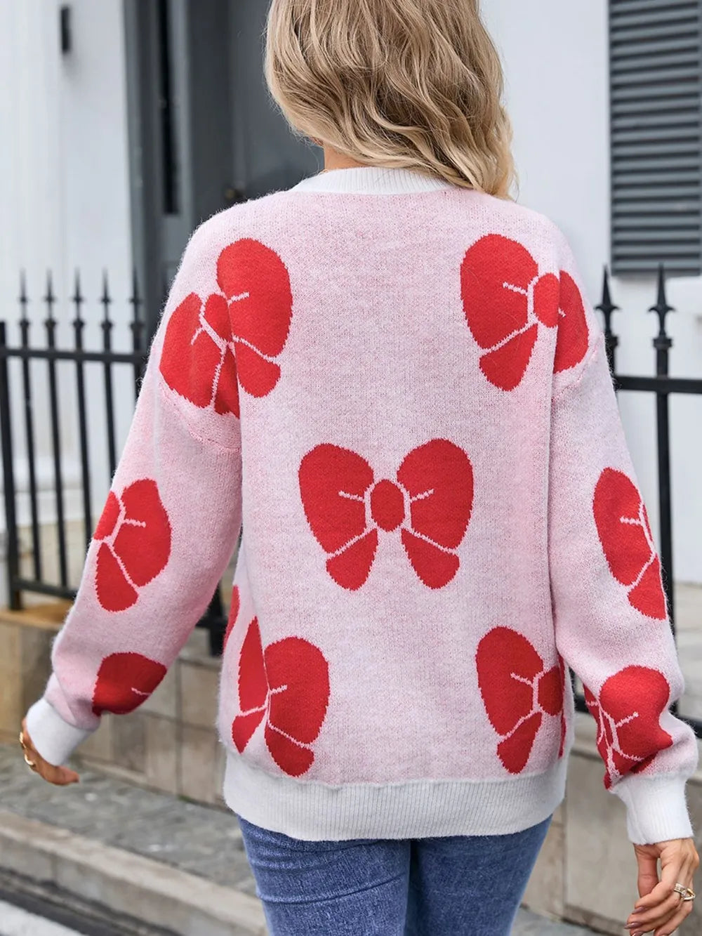 Angel Wings Bow Round Neck Dropped Shoulder Sweater - Korvel