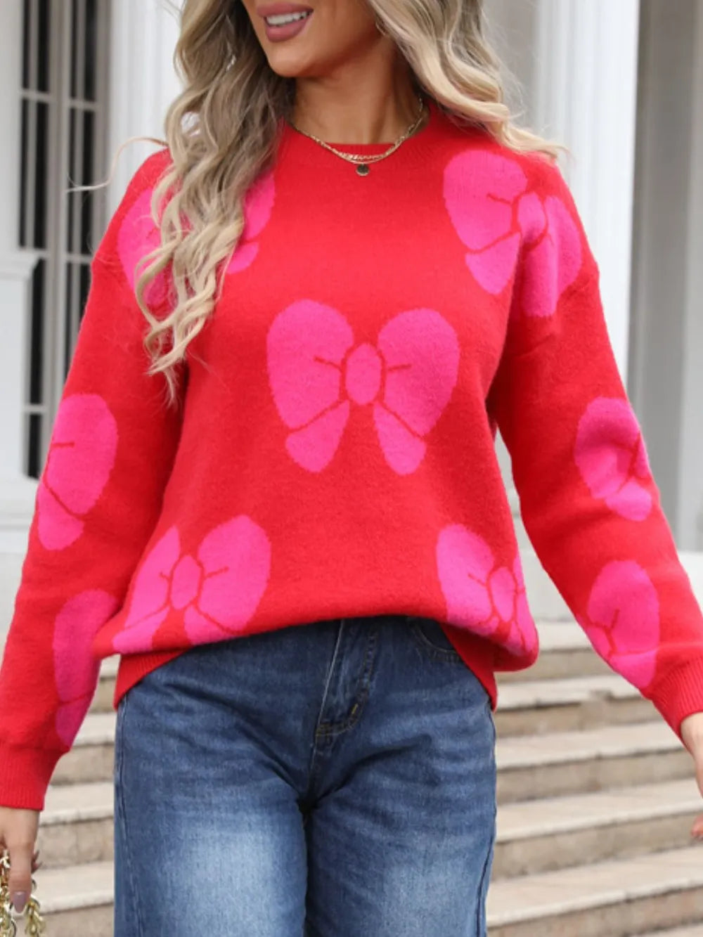 Angel Wings Bow Round Neck Dropped Shoulder Sweater - Korvel