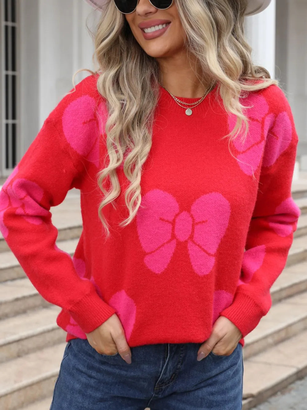 Angel Wings Bow Round Neck Dropped Shoulder Sweater - Korvel