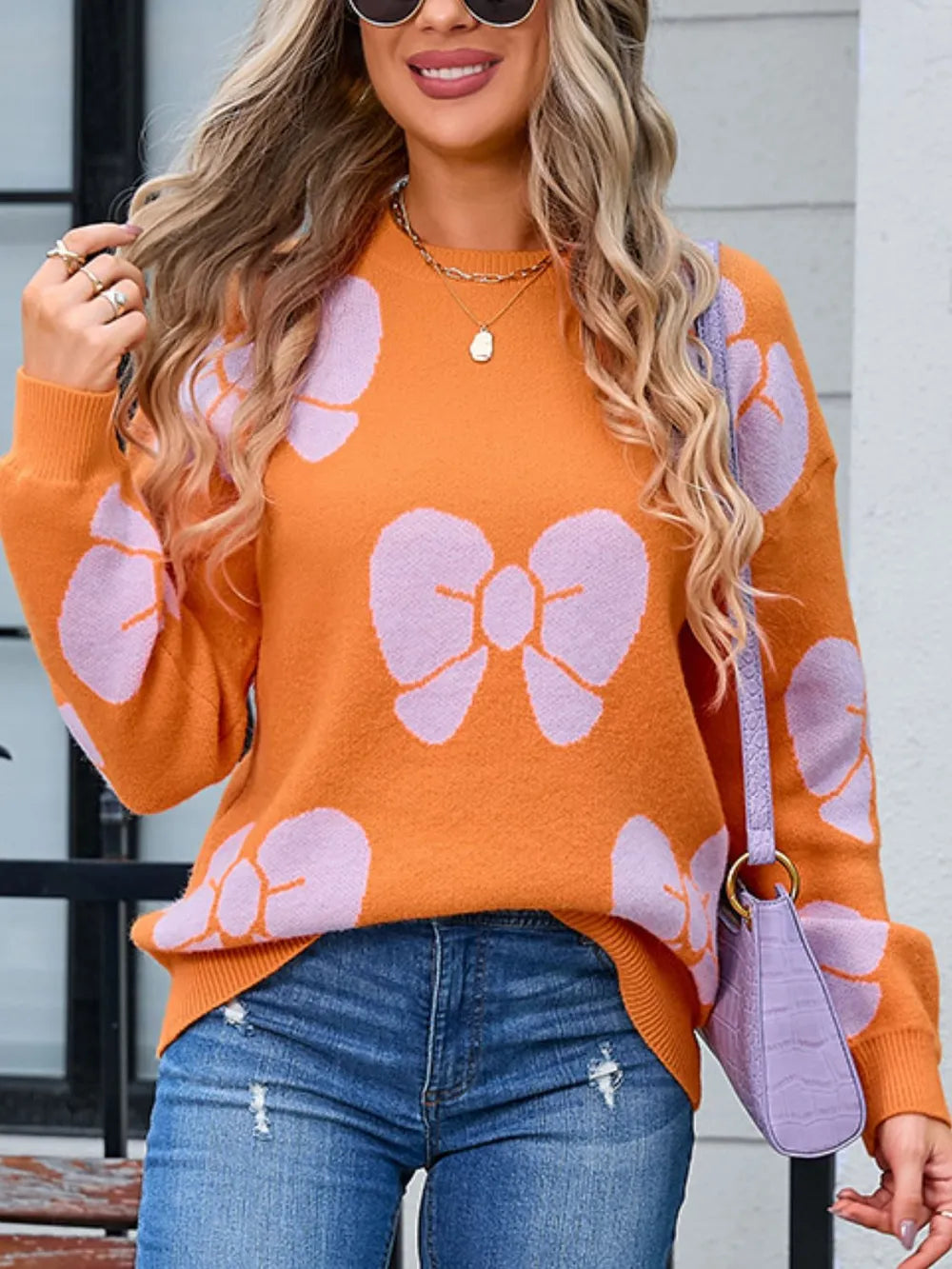Angel Wings Bow Round Neck Dropped Shoulder Sweater - Korvel