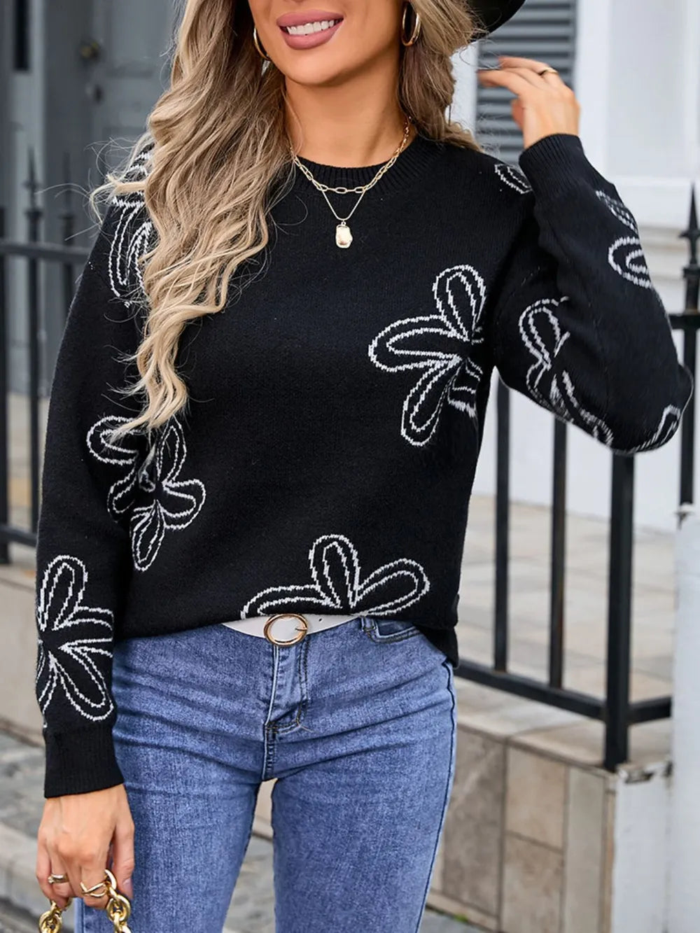 Angel Wings Flower Round Neck Dropped Shoulder Sweater - Korvel