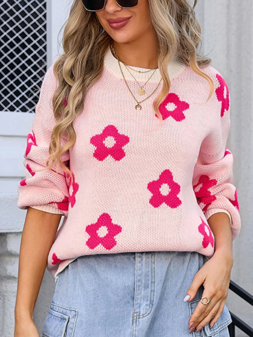 Angel Wings Flower Round Neck Dropped Shoulder Sweater - Korvel