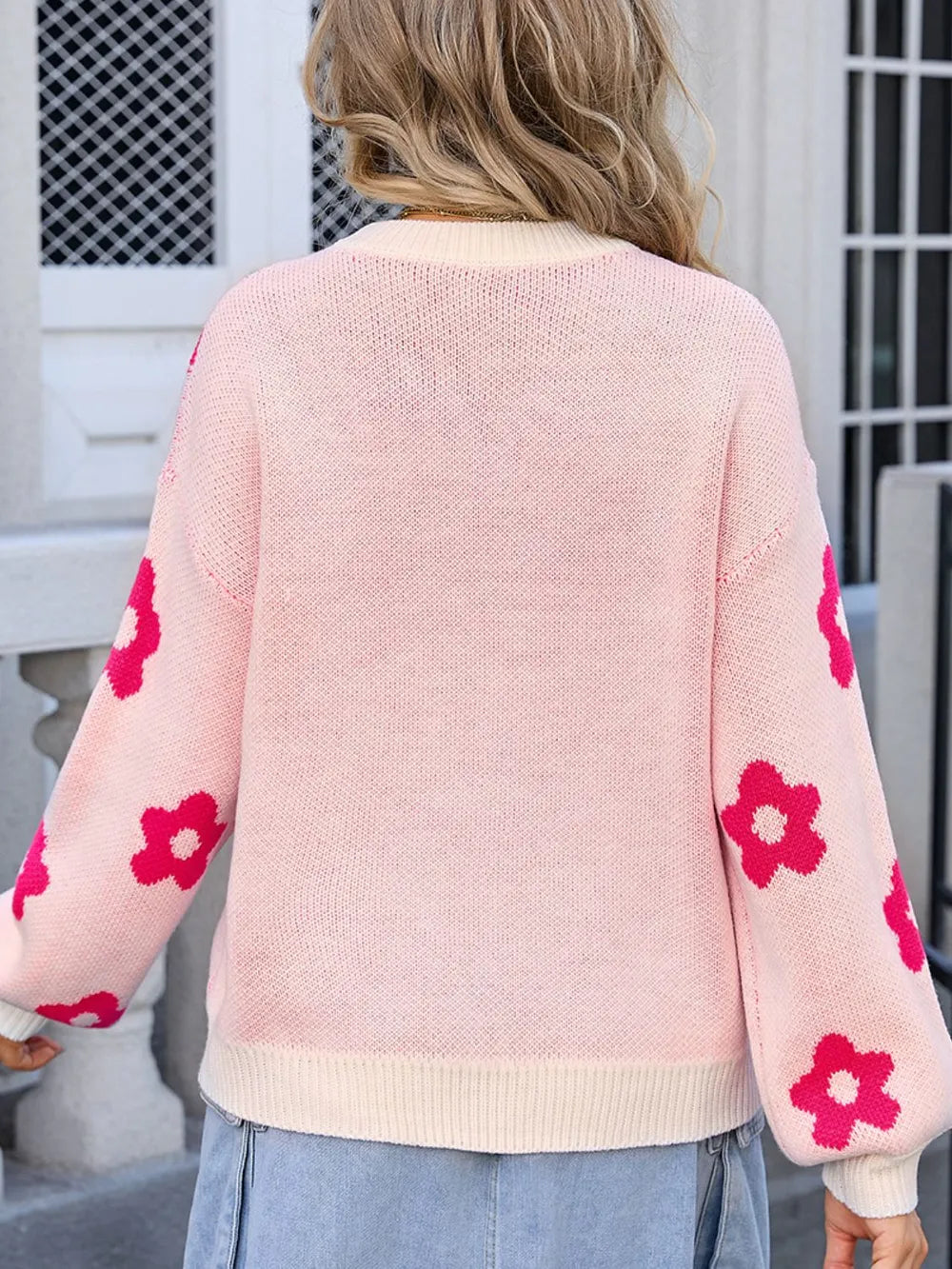 Angel Wings Flower Round Neck Dropped Shoulder Sweater - Korvel