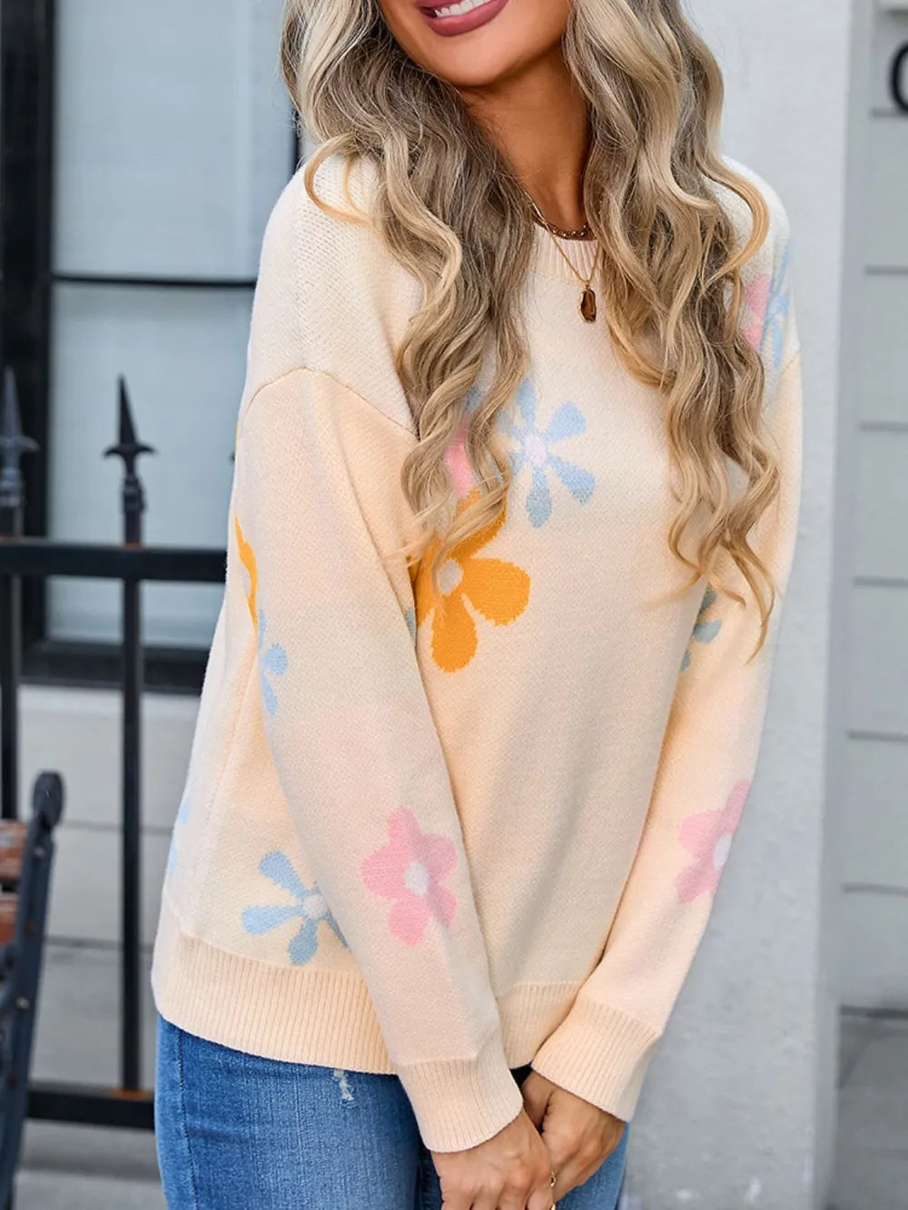 Angel Wings Flower Round Neck Sweater