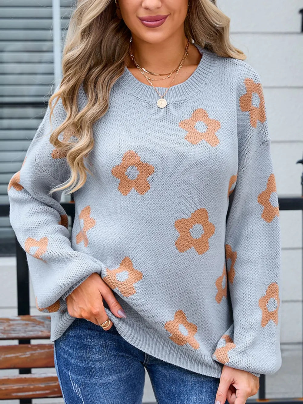 Angel Wings Flower Round Neck Dropped Shoulder Sweater - Korvel