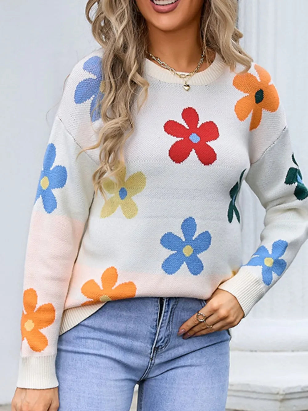 Angel Wings Flower Round Neck Long Sleeve Sweater - Korvel