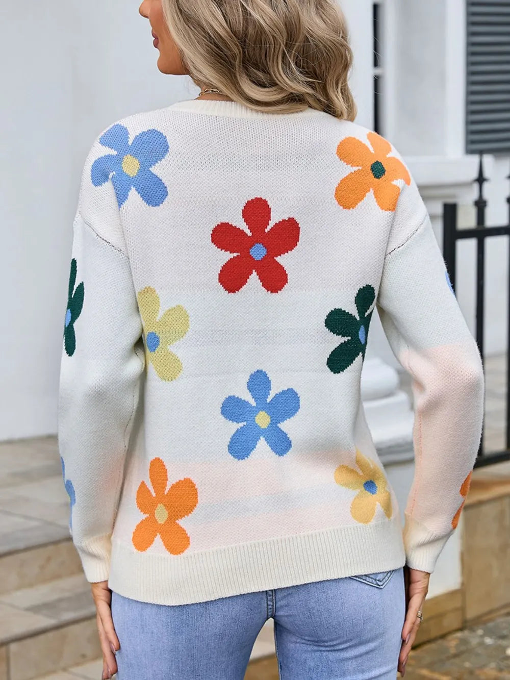 Angel Wings Flower Round Neck Long Sleeve Sweater - Korvel