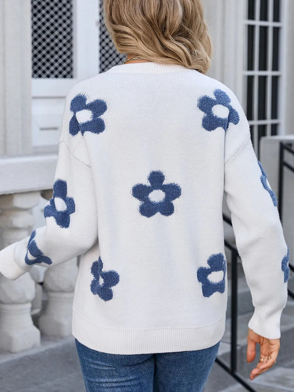 Angel Wings Flower Round Neck Long Sleeve Sweater - Korvel