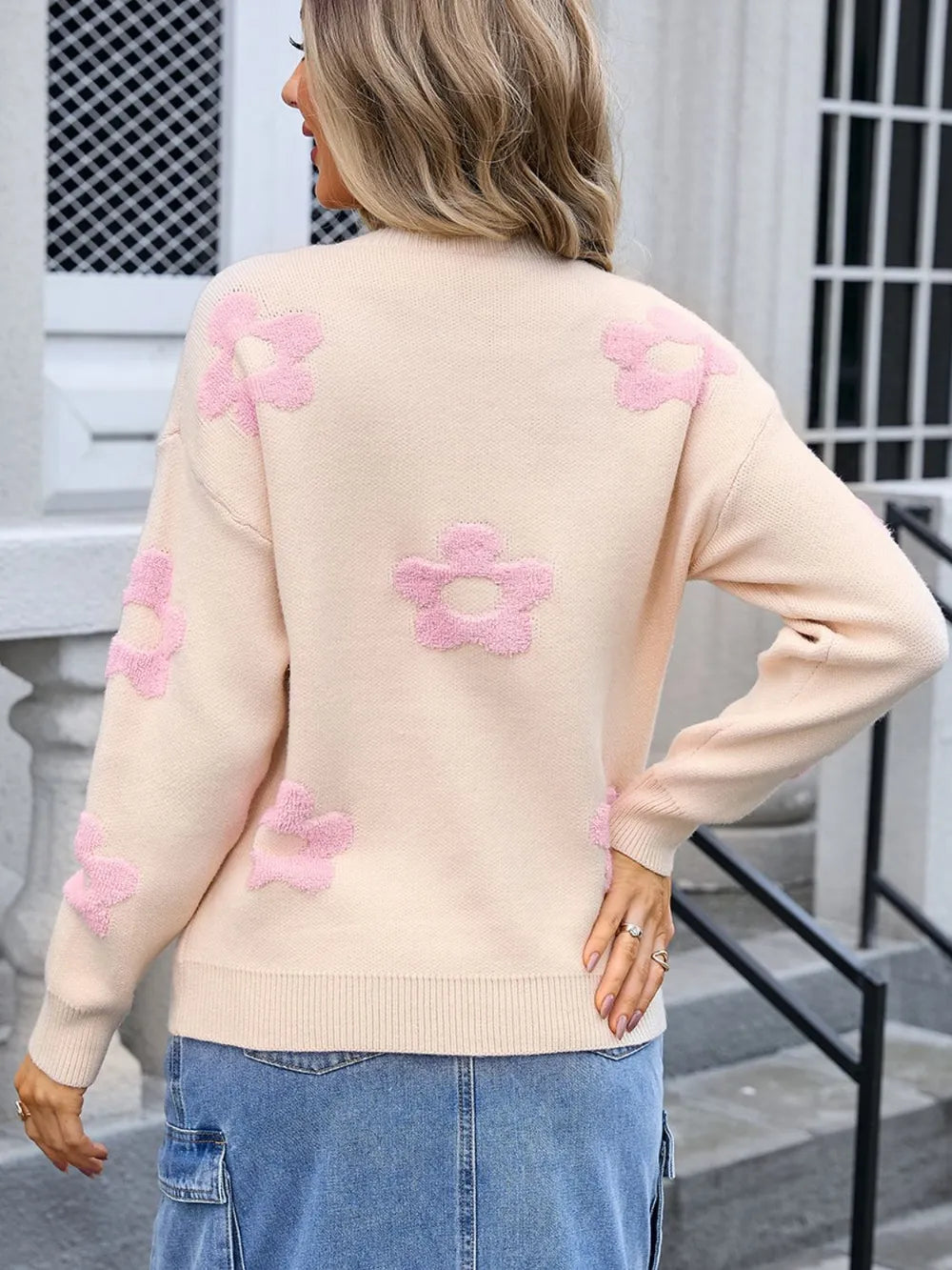 Angel Wings Flower Round Neck Long Sleeve Sweater - Korvel