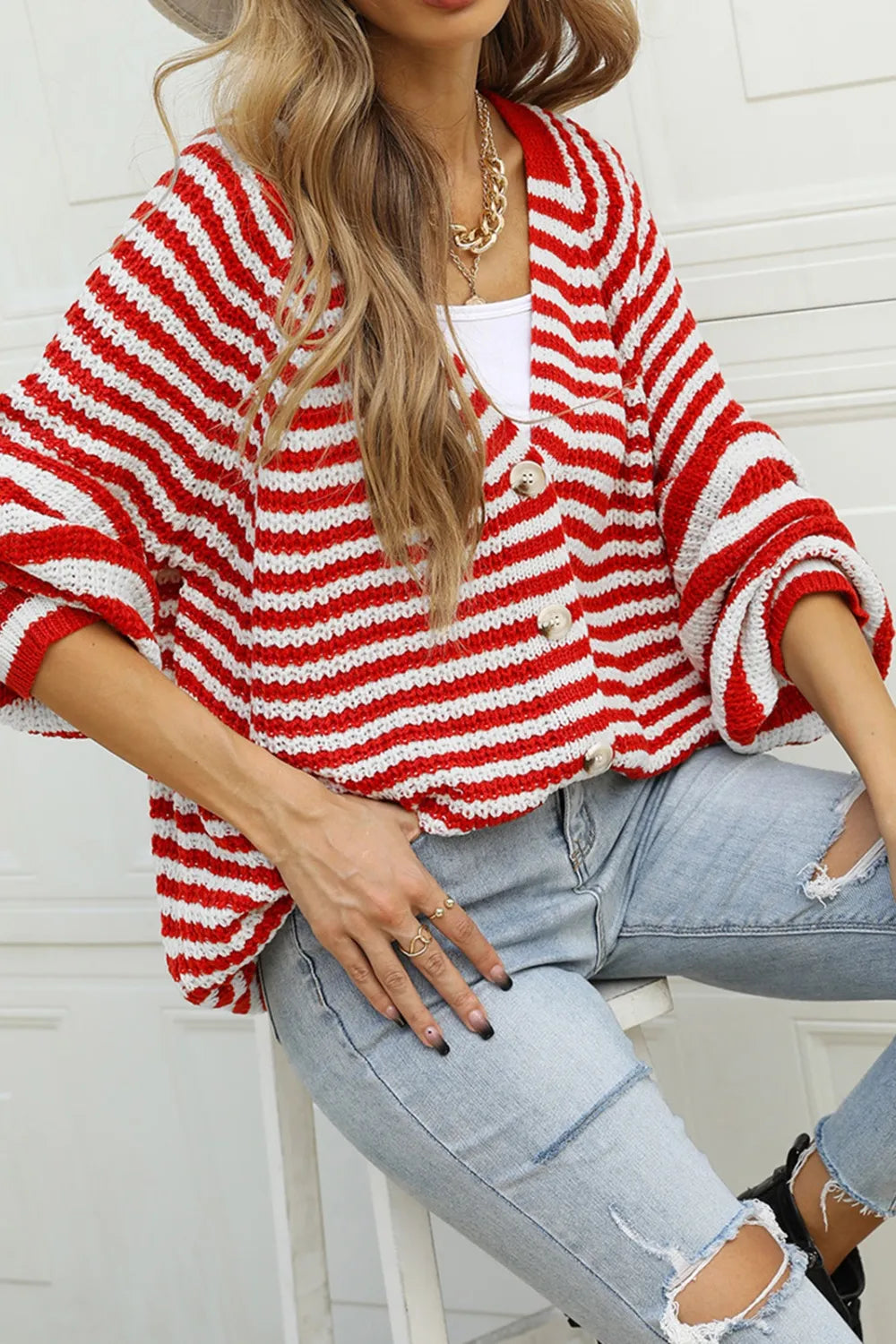 Angel Wings Striped Button Up Long Sleeve Cardigan - Korvel