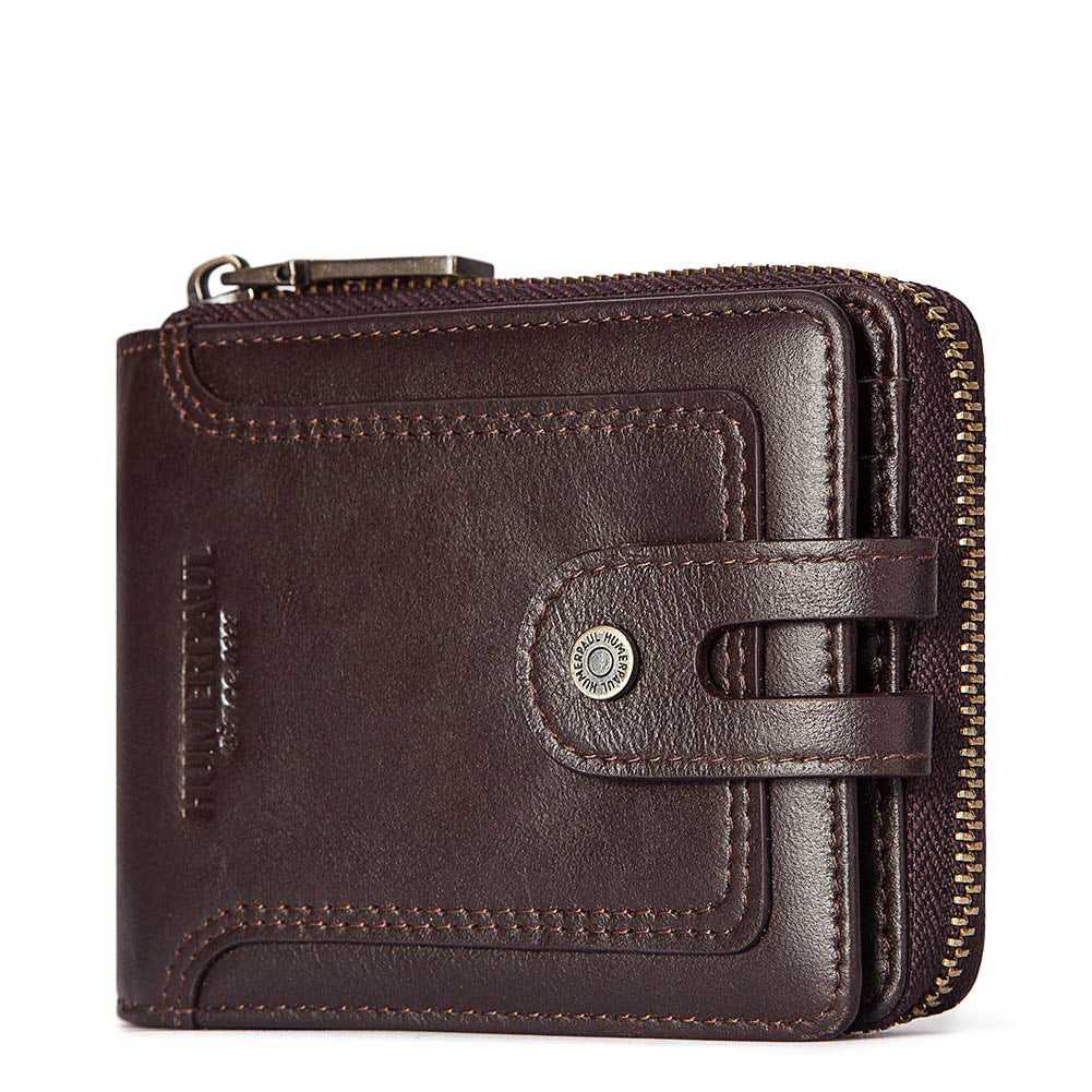 Anti-Theft Brush Men's Leather Wallet Top Layer Cowhide Short Coin Purse Zipper Retro Leather Men Bag - Korvel