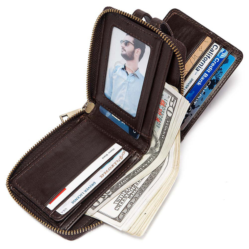 Anti-Theft Brush Men's Leather Wallet Top Layer Cowhide Short Coin Purse Zipper Retro Leather Men Bag - Korvel