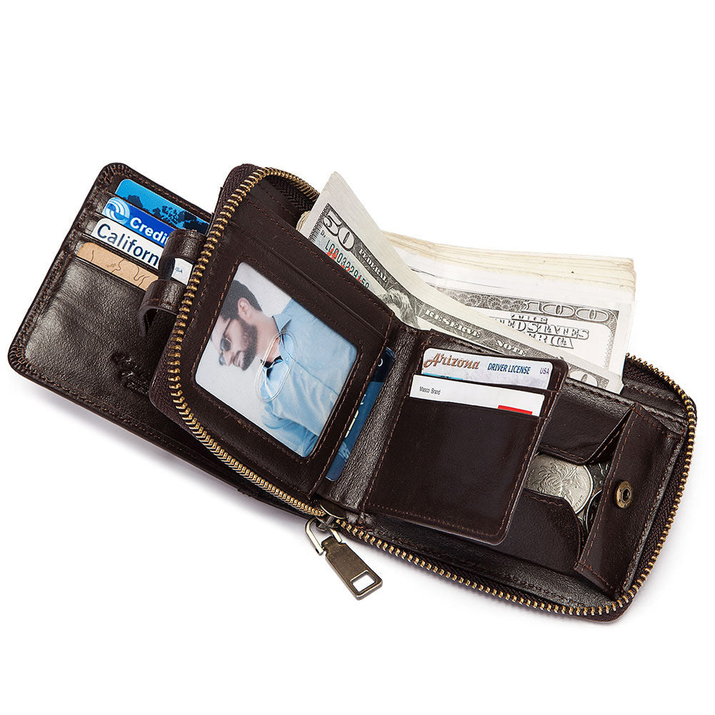 Anti-Theft Brush Men's Leather Wallet Top Layer Cowhide Short Coin Purse Zipper Retro Leather Men Bag - Korvel