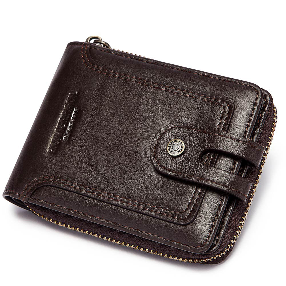 Anti-Theft Brush Men's Leather Wallet Top Layer Cowhide Short Coin Purse Zipper Retro Leather Men Bag - Korvel