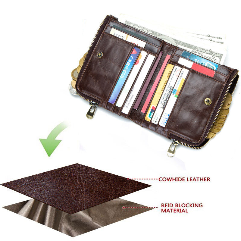 Anti-Theft Brush RFID Genuine Leather Men's Wallet Multifunctional Double Zipper Vertical Wallet Fashion Casual Coin Purse - Korvel