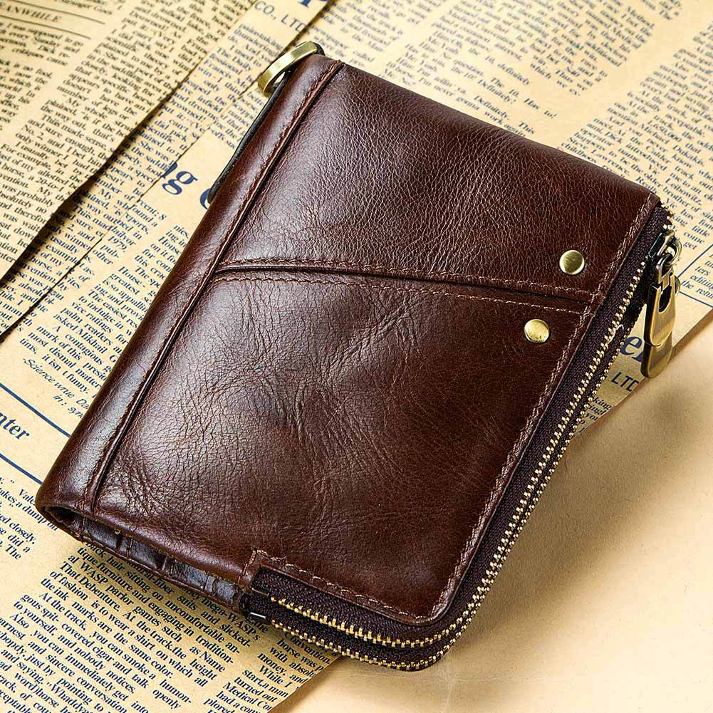 Anti-Theft Brush RFID Genuine Leather Men's Wallet Multifunctional Double Zipper Vertical Wallet Fashion Casual Coin Purse - Korvel