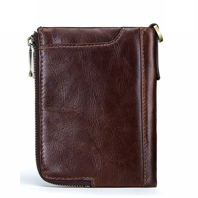 Anti-Theft Brush RFID Genuine Leather Men's Wallet Multifunctional Double Zipper Vertical Wallet Fashion Casual Coin Purse - Korvel