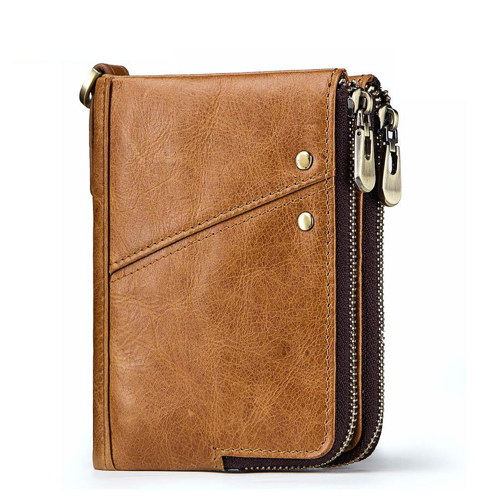 Anti-Theft Brush RFID Genuine Leather Men's Wallet Multifunctional Double Zipper Vertical Wallet Fashion Casual Coin Purse - Korvel