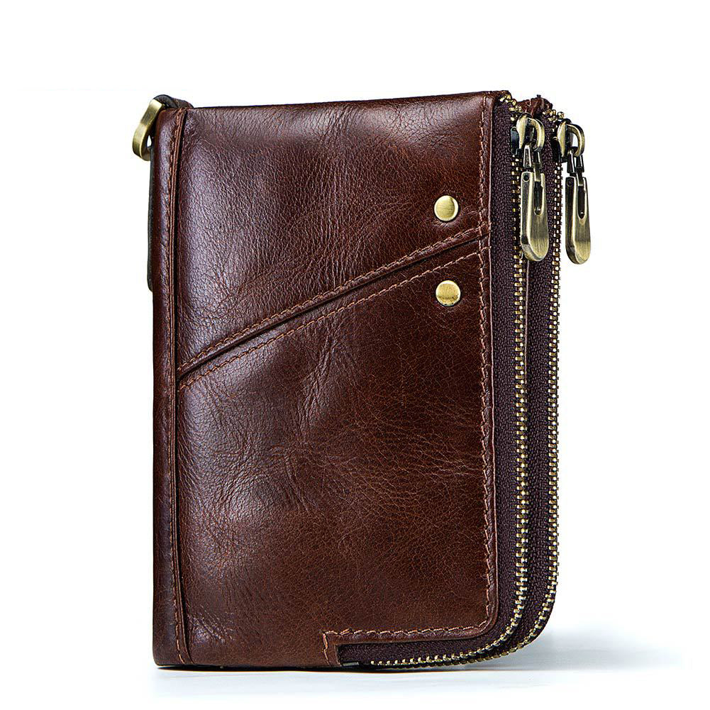Anti-Theft Brush RFID Genuine Leather Men's Wallet Multifunctional Double Zipper Vertical Wallet Fashion Casual Coin Purse - Korvel