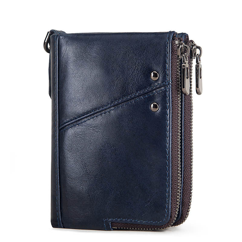 Anti-Theft Brush RFID Genuine Leather Men's Wallet Multifunctional Double Zipper Vertical Wallet Fashion Casual Coin Purse - Korvel
