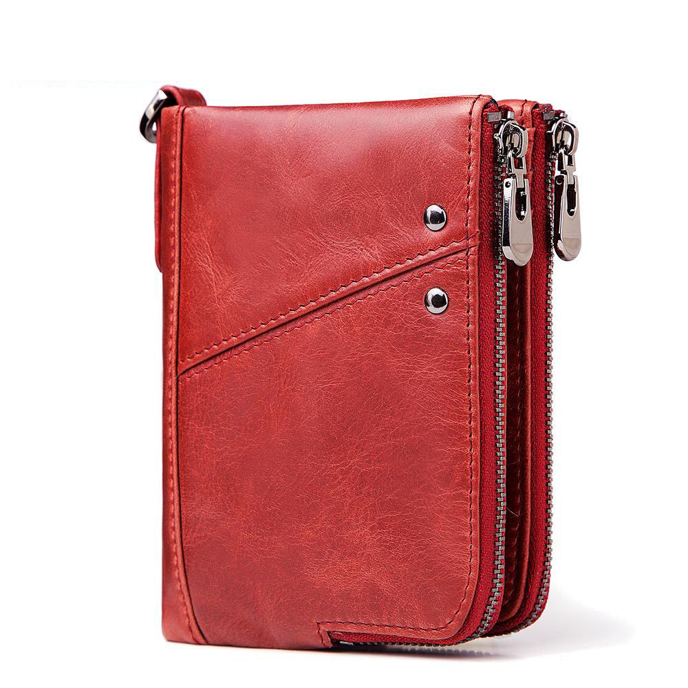 Anti-Theft Brush RFID Genuine Leather Men's Wallet Multifunctional Double Zipper Vertical Wallet Fashion Casual Coin Purse - Korvel