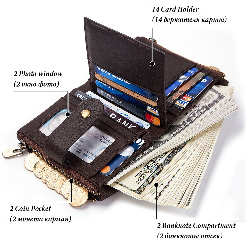 Anti-Theft Brush Wallet Leather Bag Multi-Function Buckle Zipper Retro Crazy Horse Cowhide Men's Bag Casual Coin Purse - Korvel