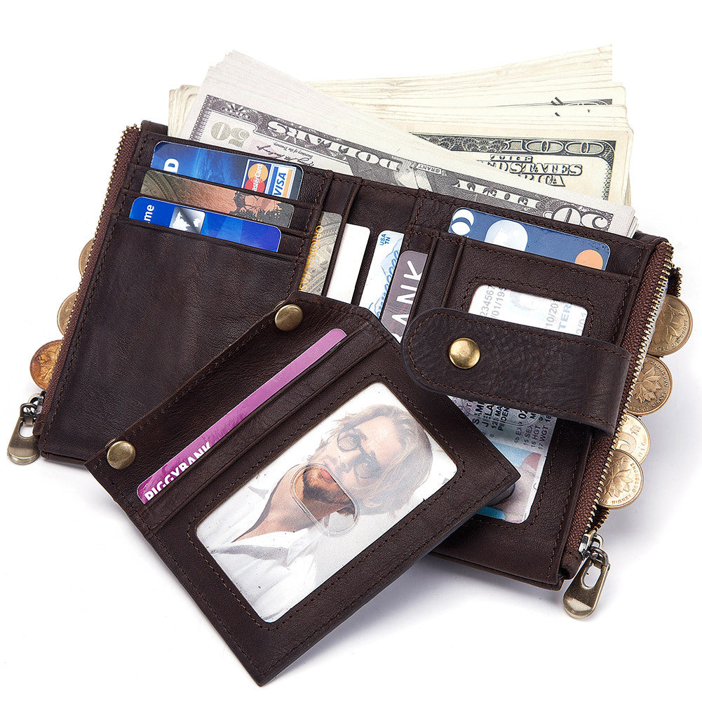 Anti-Theft Brush Wallet Leather Bag Multi-Function Buckle Zipper Retro Crazy Horse Cowhide Men's Bag Casual Coin Purse - Korvel