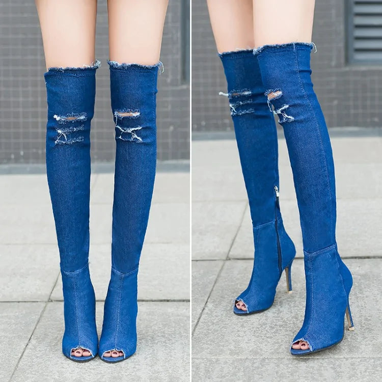Bottes en Denim Stylées au Dessus du Genou