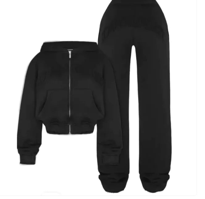 Ensemble de Sport Ins Letter : Sweat à Capuche Cropped avec Fermeture Éclair & Pantalons à Cordon